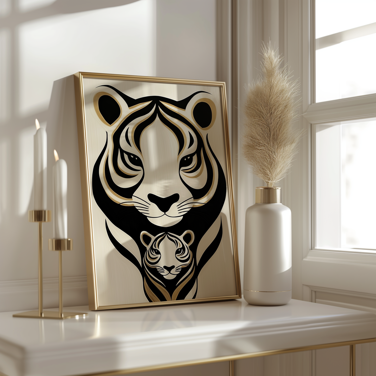 Minimalist Tiger Poster – Bold Black and Gold Animal Art, Creamy Background - Digital Print