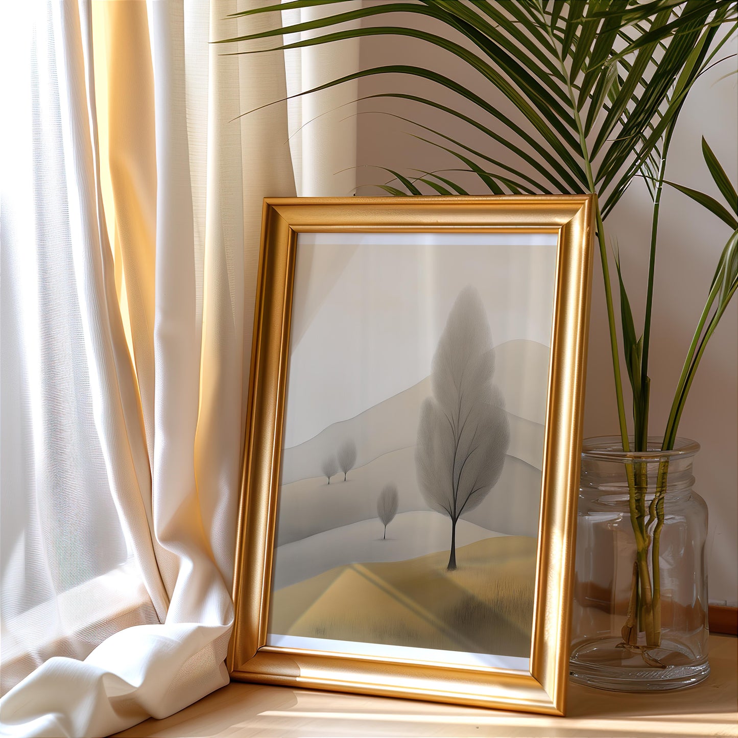 Golden Minimalist Tree Poster - Gentle Tree on a Golden Plain Wall Art