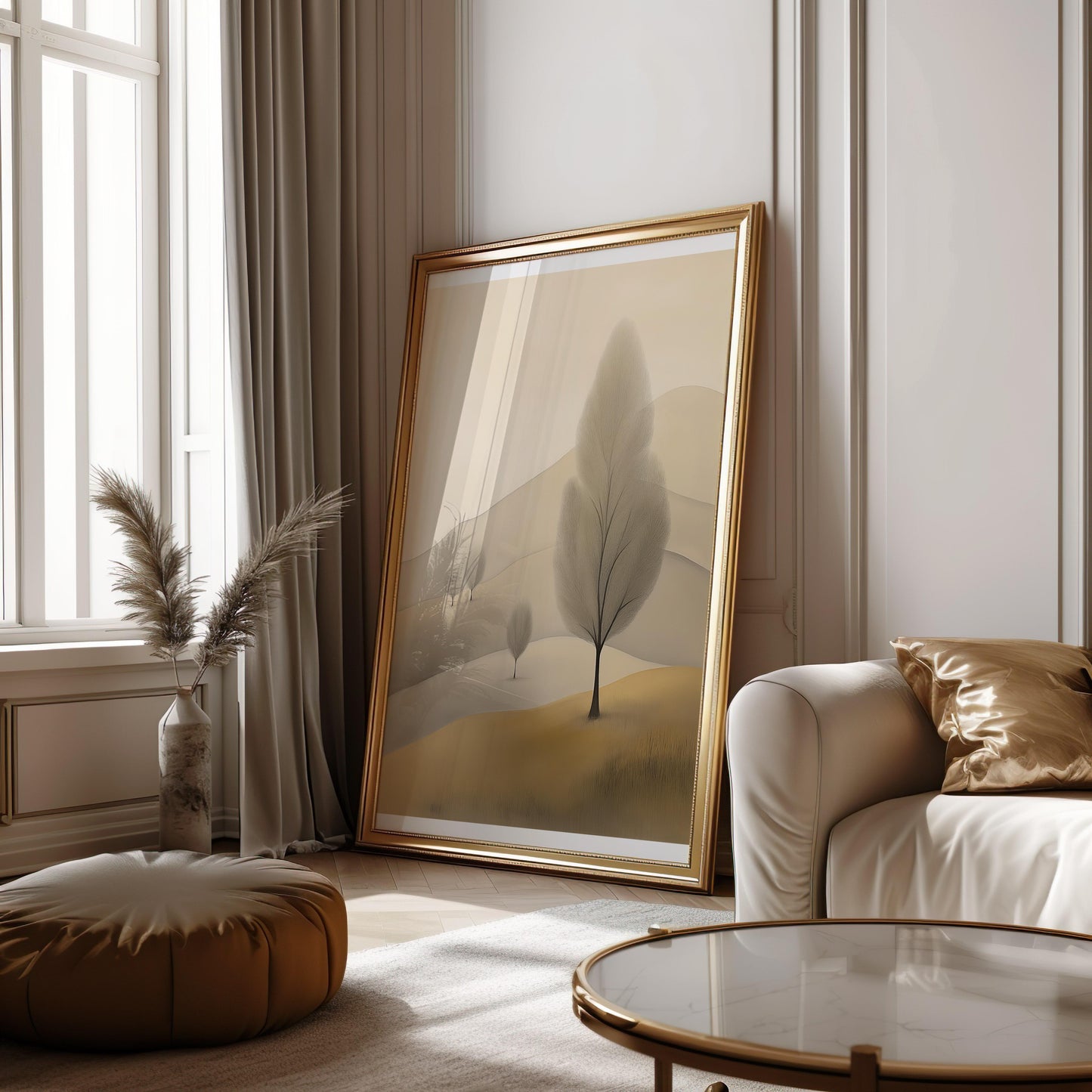 Golden Minimalist Tree Poster - Gentle Tree on a Golden Plain Wall Art