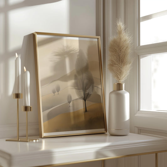 Golden Minimalist Tree Poster - Gentle Tree on a Golden Plain Wall Art
