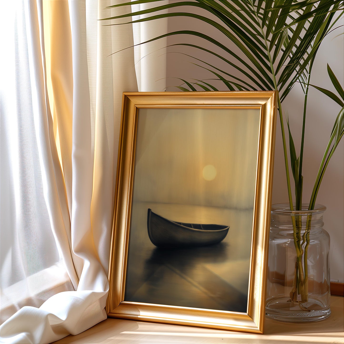 Premium Golden Canoe Poster – Minimalist Sunset Wall Art - Digital Print
