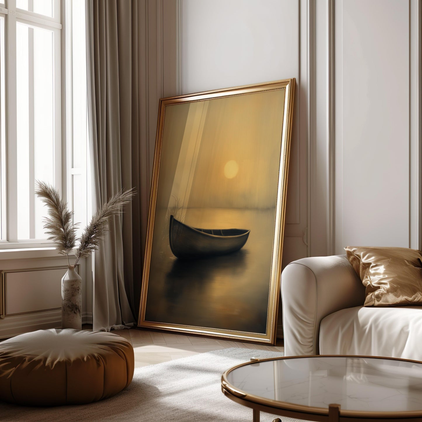 Premium Golden Canoe Poster – Minimalist Sunset Wall Art - Digital Print