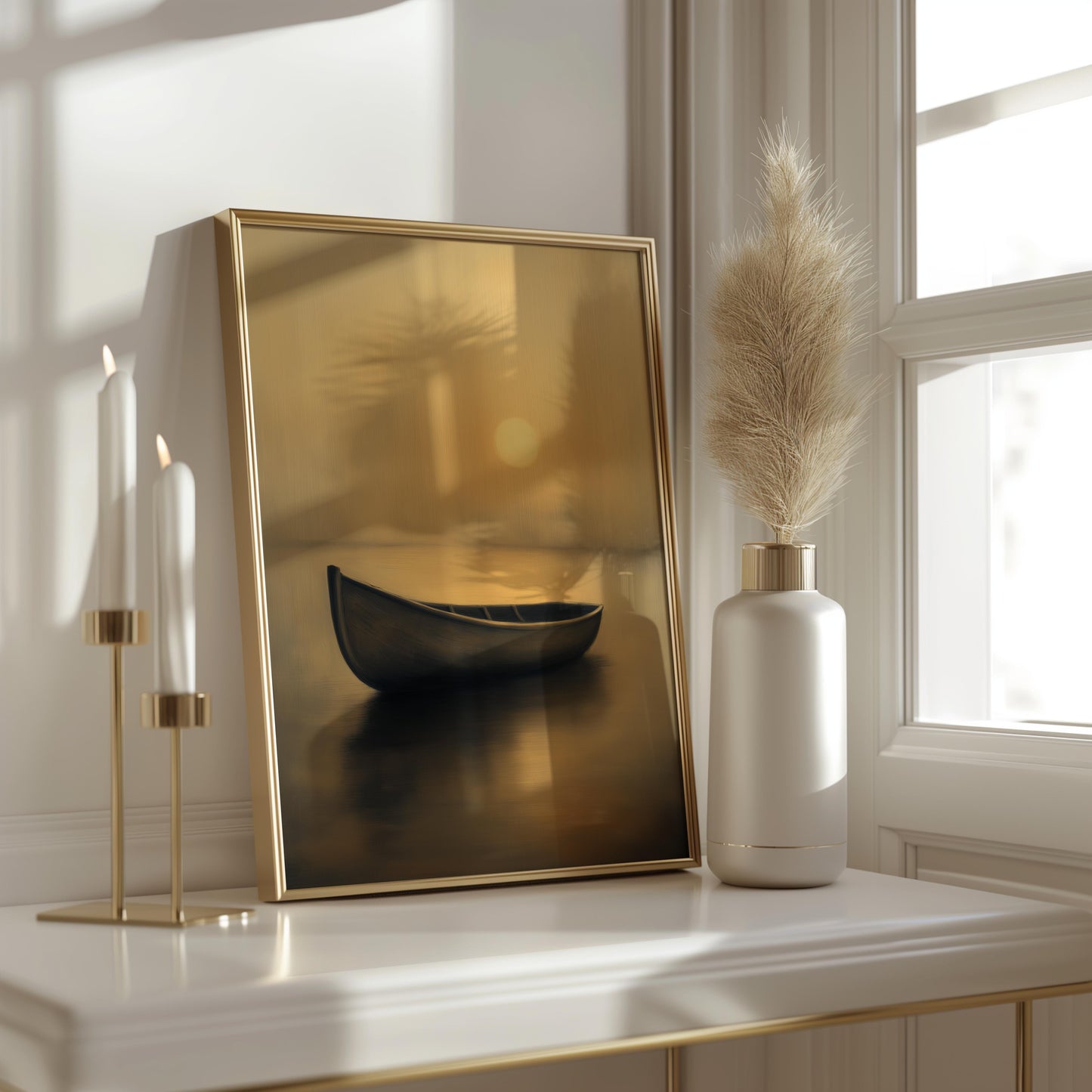 Premium Golden Canoe Poster – Minimalist Sunset Wall Art - Digital Print
