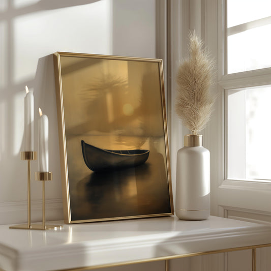 Premium Golden Canoe Poster – Minimalist Sunset Wall Art - Digital Print